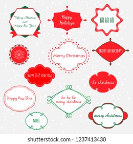 Vector set of labels and frames in red, green and white colors. 
Vintage Christmas and new year collection of banners and badges for season's greetings, winter and december holidays.