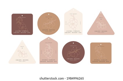 Vector set labels with grape branches - simple linear style. Emblems composition with grapes and typography