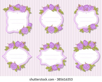 Vector set of labels with hand drawn roses and leaves. In lilac and green colors. 