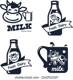 Vektorset mit Etiketten und Symbolen für Milch und Milchprodukte. Einzeln auf weißem Hintergrund.