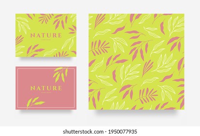 Conjunto vectorial de etiquetas o tarjetas de invitación y patrón con elementos florales. Adecuado para el diseño de paquetes, papel pintado, textiles, marca, decoración de eventos. Ornamento con hojas rosas y verdes.
