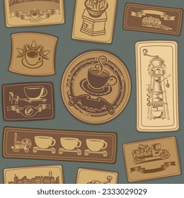 vector set of labels for jeans with pictures on the topic of coffee on a background of denim
