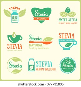 Vector set of stevia labels, logos, badges, icons. Quality and freshness stevia emblem logo. Natural healthy sweetener icon isolated. stock vector. Business signs and corporate identity template.