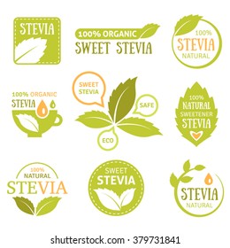 Vector set of stevia labels, logos, badges, icons. Natural sweetener design element. Organic stevia icon isolated. Eco safe stevia badge design. stock vector. Business signs, brand identity template.