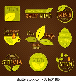 Vector set of stevia labels, logos, badges, icons. Natural sweetener design element. Organic stevia icon isolated. Eco safe stevia badge design. stock vector. Business signs, brand identity template.
