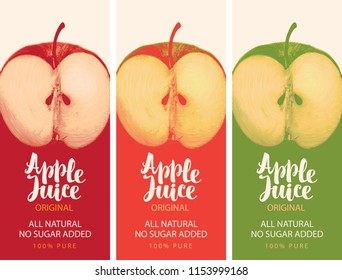 Vector set of labels for natural Apple juice with a realistic image of a half of an Apple and calligraphic inscription