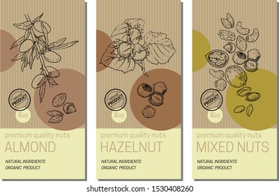 Vector Set Of Labels With Nuts Sketches: Almond, Hazelnut And Mixed Nuts. Healthy Food, Bio, Organic, Natural Product. Craft Paper Packaging