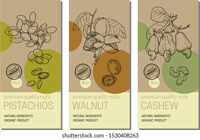 Vector set of labels with nuts sketches: pistachios, walnut, and cashew. Healthy food, bio, organic, natural product. Craft paper packaging