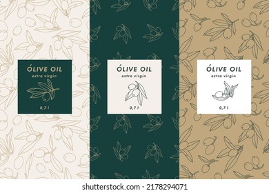 Vector set labels with olive branch - simple linear style. Emblems composition with olives and typography. Seamless pattern