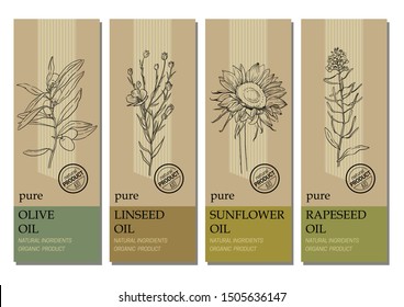 Vector set of labels with organic oil plants sketches: olive, linseed, sunflower and rapeseed. Healthy food, bio, organic, natural product. Design template