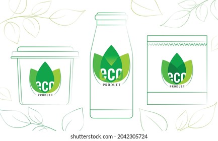 Vector set of labels for packaging healthy organic food in the form of a green leaves.