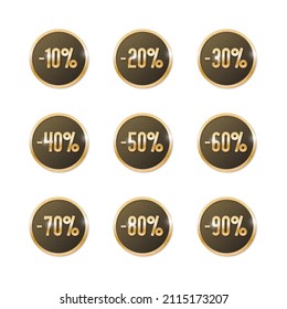 Vector set of labels with percent sale discount. Nine numbers in a circle with a golden glitter on a black. Offer discount stickers for advertizing, web banners, products, certificates and cards