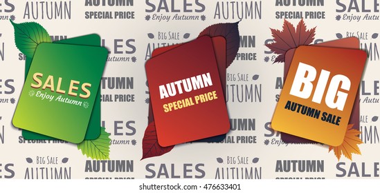 Vector set of labels and price tags to increase your sales. Concept autumn advertising.Bright fall leaves. Poster, card, label, banner design set. Autumn sales.
