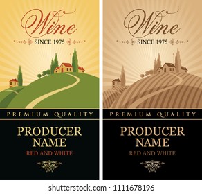 Vector Set Of Labels For Red And White Wine With Landscape Of Vineyards And Italian Village On The Background Of Sunset Or Sunrise In Retro Style With Calligraphic Inscription.