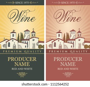 Vector set of labels for red and white wine with a landscape of the Italian village on the background of sunset or sunrise in retro style with a calligraphic inscription,