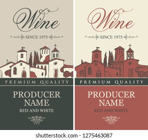 Vector set of labels for red and white wine with a hand drawn landscape of the Italian village in retro style with a calligraphic inscription