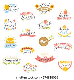 Vector set of labels with salutation and cheer phrases. 
Smartly layered and isolated on white.