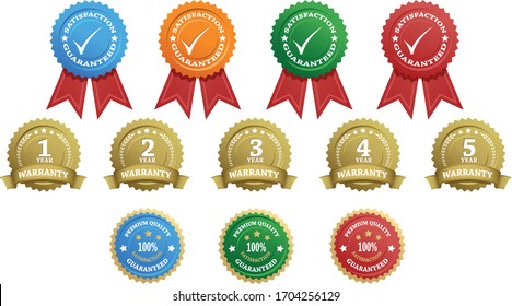 Vector set of labels with satisfaction guaranteed and warranty promotion. Badges with scroll and ribbons.