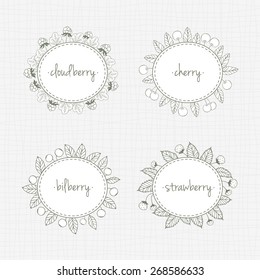 Vector set of labels with silhouettes of garden and wild berries and leaves. Hand-drawn sketch frames with plants for design