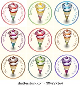 Vector set of labels, stickers of ice cream: apple, strawberry, lemon, chocolate, caramel, cherry, blue, blueberry.