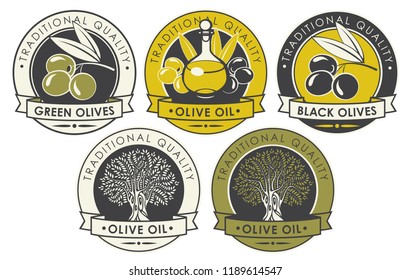 Vector set of labels or stickers for olives and olive oil of round shape with ribbons in retro style