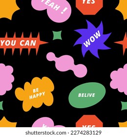 Vector set labels or stickers with positive motivational quotes. Y2k style shapes for social media. Seamless pattern