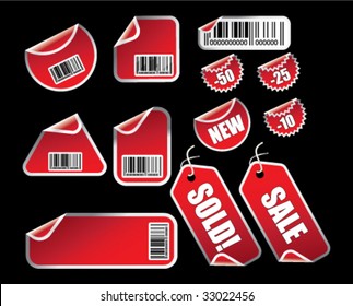 Vector set of labels and tags with bar codes on black