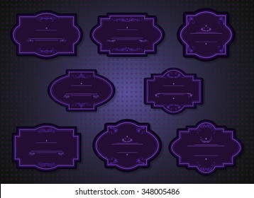 Vector set of labels and tags with frames and decorative elements. In dark blue and violet colors.