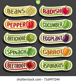Vector Set labels with text for fresh Vegetables: 10 minimal signs of organic vegetables on black, set of cartoon simple stickers for packing vegan nutrition with original font, tags for veg produce.