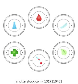 Vector set of labels with various symbols in flat style on white background. Collection of isolated elements for design packaging, tags and stamps or badges for cosmetics, medicine, food etc.
