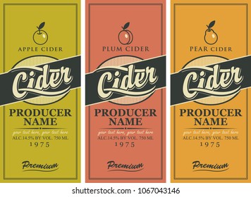 Vector set of labels for various types of cider. Three labels for a cider in the square frame with apple, plum and pear.