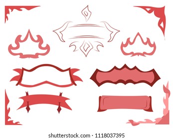Vector set of labels and labels, as well as corners simulating fire, wood and ribbons