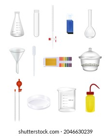Vector set of laboratory chemical glassware, tools. Realistic icons isolated. Wash bottle, beaker, cuvette, pipette, graduated cylinder, flask, funnel, burette, test tube, ph test, vacuum desiccator.