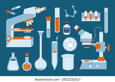 Vector set of laboratory equipment. Medical instrument - microscope, flask, bottle, and other scientific elements. Flat simple style in trendy colors.