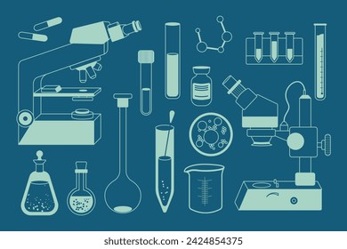 Conjunto vectorial de equipos de laboratorio. Instrumento médico - microscopio, frasco, botella y otros elementos científicos. Ilustración de contorno de estilo simple.