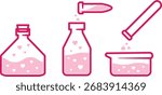 Vector set of laboratory glassware with pink heart liquid. Test tubes, flasks, and bottles pouring love potion. Concept of chemistry, experiment, romance, Valentine’s Day, and magical alchemy.