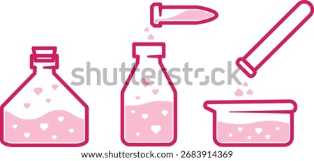 Vector set of laboratory glassware with pink heart liquid. Test tubes, flasks, and bottles pouring love potion. Concept of chemistry, experiment, romance, Valentine’s Day, and magical alchemy.