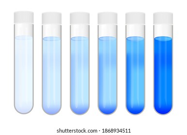 Vector set of laboratory test tubes with different concentrations of blue substance solution. Color gradient from light to dark. Laboratory glassware with calibration standard isolated on white.