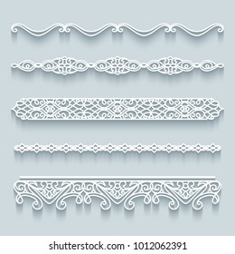 Vector set of lace border vignettes, templates for laser cutting. Vintage flourish ornaments, cutout paper decoration, eps10