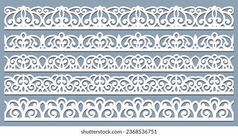 Conjunto vectorial de viñetas de borde de encaje, adecuado para el corte por láser. Ornamentos florecientes de época, decoración de papel recortado	