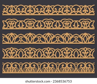 Vector set of lace border vignettes, suitable for laser cutting. Vintage flourish ornaments, cutout paper decoration	