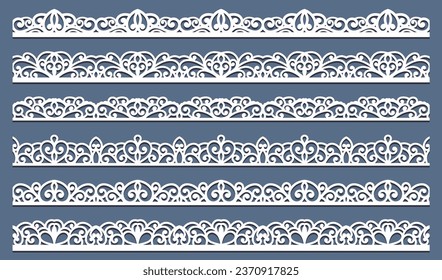 Vector set of lace border vignettes, suitable for laser cutting. Vintage flourish ornaments, cutout paper decoration	