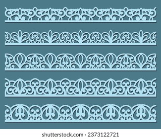 Vector set of lace border vignettes, suitable for laser cutting. Vintage flourish ornaments, cutout paper decoration	