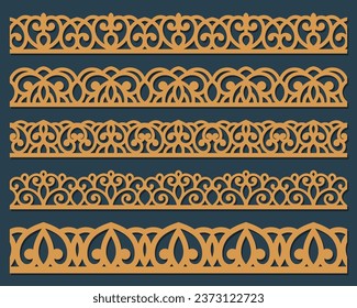 Vector set of lace border vignettes, suitable for laser cutting. Vintage flourish ornaments, cutout paper decoration	