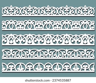 Vector set of lace border vignettes, suitable for laser cutting. Vintage flourish ornaments, cutout paper decoration	