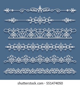 Vector set of lace border vignettes, suitable for laser cutting. Vintage flourish ornaments, cutout paper decoration, eps10