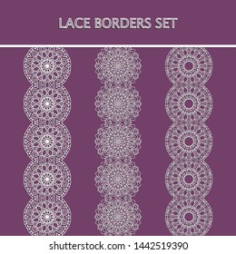Vector set of lace borders with geometric repeating texture. Vintage ornaments. Isolated design elements for headline, page decoration, banners, wedding invitation cards. Fashion linear pattern. 
