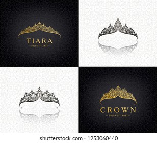 Vector set of lace luxury crown logos. Queen, faminine, jewelry tiara icons. Golden and black