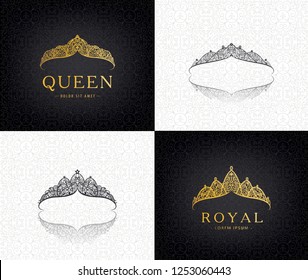 Vector set of lace luxury crown logos. Queen, faminine, jewelry tiara icons. Golden and black