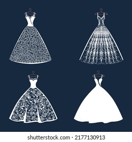 Vector set of lacy wedding dresses on a hanger. Silhouette of a beautiful female outfit. For designing a flyer, poster or advertising in social networks.